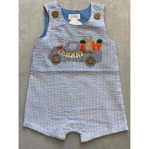 Mud Pie 3-6m blue seersucker Easter Bunny Rabbit truck Jon Jon romper embroidery